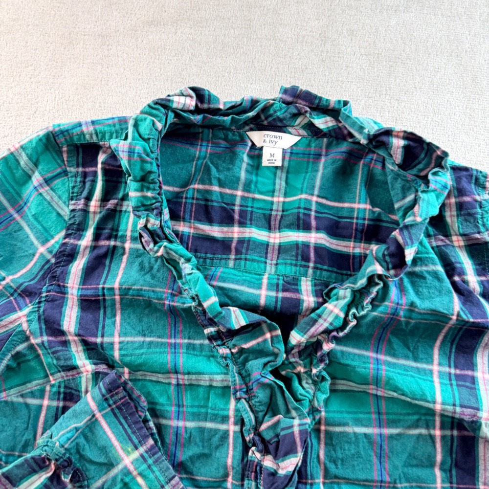Crown & Ivy Women's Medium Ruffle Front Plaid Button Down Top Green Navy Pink - Picture 3 of 7